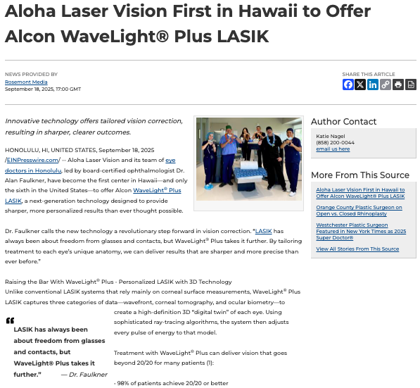 Dr. Alan Faulkner, a board-certified ophthalmologist in Honolulu, & Aloha Laser Vision are the first in Hawaii to offer Alcon WaveLight® PLUS LASIK technology.